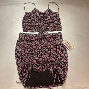Perfect Pair, two piece outfit in black with pink flowers.